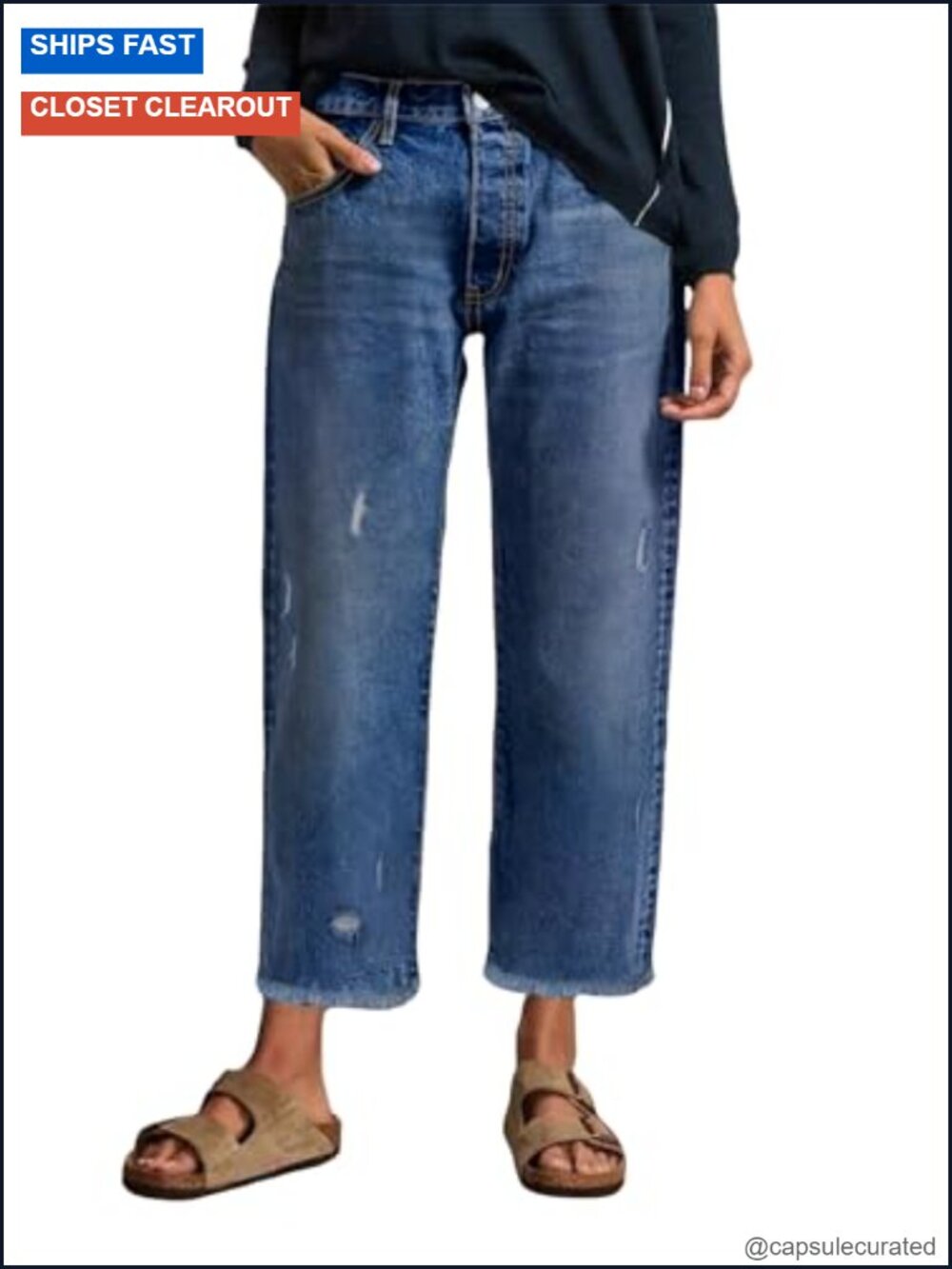 Stretchy Distressed Raw Hem Straight Leg Boyfriend Jeans